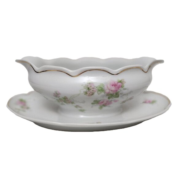 Austrian Carlsbad Handpaint Gold Leaf Gravy Boat  w/Attachd Underplate Antique - Picture 4 of 7